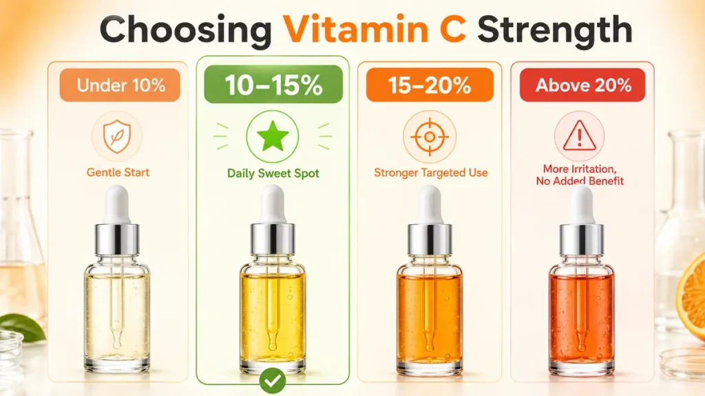 Comparison of vitamin C serum concentrations under 10%, 10 to 15%, 15 to 20% and above 20%