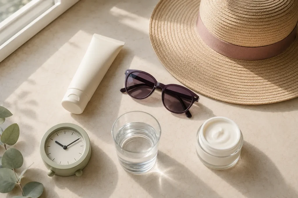 Sunscreen, sun hat, moisturiser, water and clock representing healthy skin habits