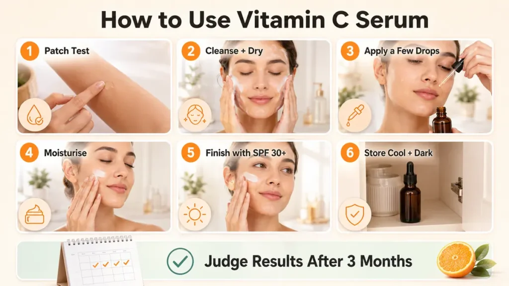 Six steps for using vitamin C serum including patch testing, cleansing, applying a few drops, moisturising, sunscreen and cool dark storage