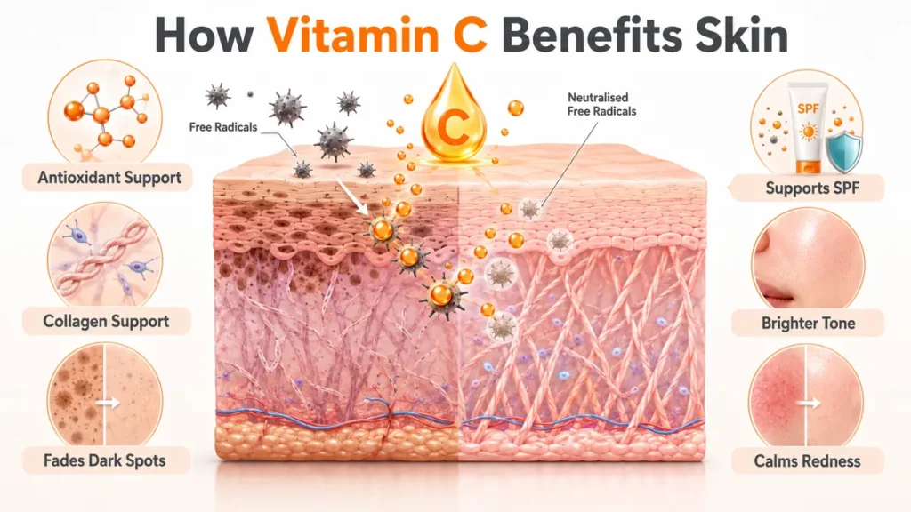 Six steps for using vitamin C serum including patch testing, cleansing, applying a few drops, moisturising, sunscreen and cool dark storage