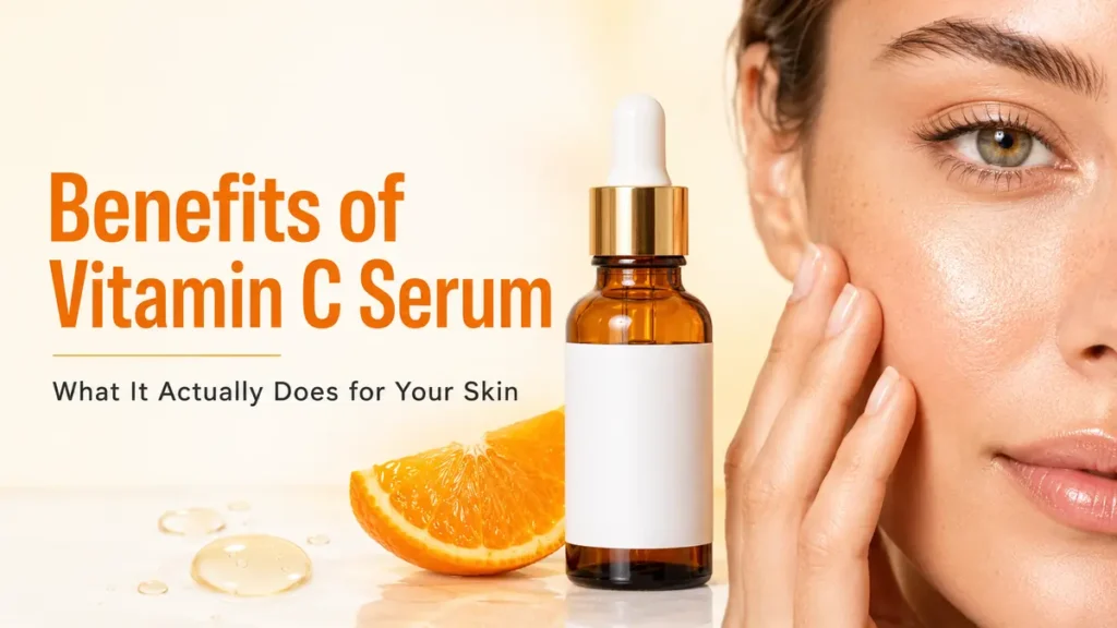 Vitamin C Serum Amber vitamin C serum bottle beside an orange and a woman with luminous skin