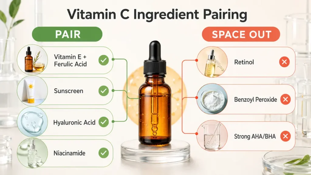 Vitamin C ingredient pairing chart with compatible ingredients and actives that should be spaced apart
