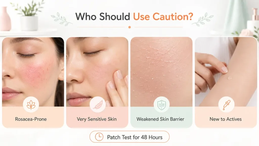Sensitive skin cautions for rosacea-prone skin, weakened skin barrier, very sensitive skin and people new to actives
