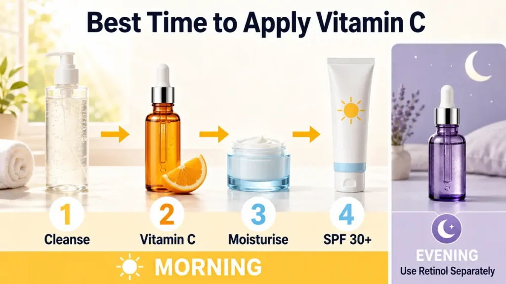 Morning skincare order showing cleanser, vitamin C serum, moisturiser and SPF 30 plus, with retinol used separately in the evening