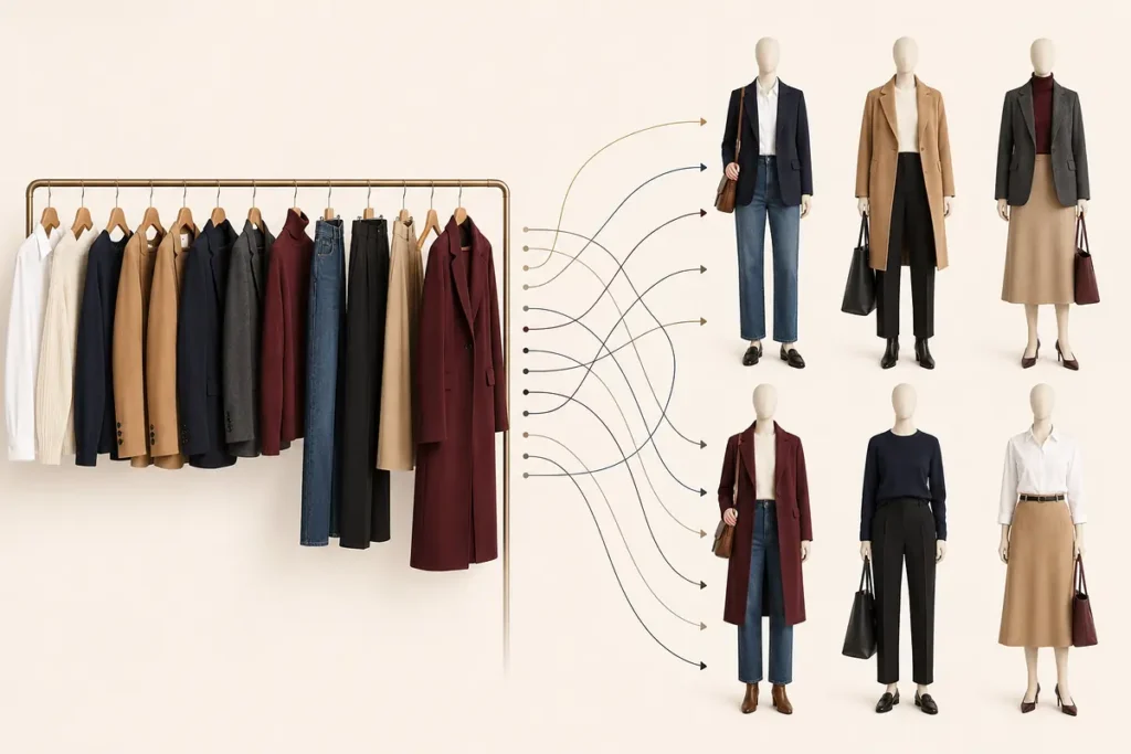 A small rail of neutral garments connected to six mix-and-match outfits.