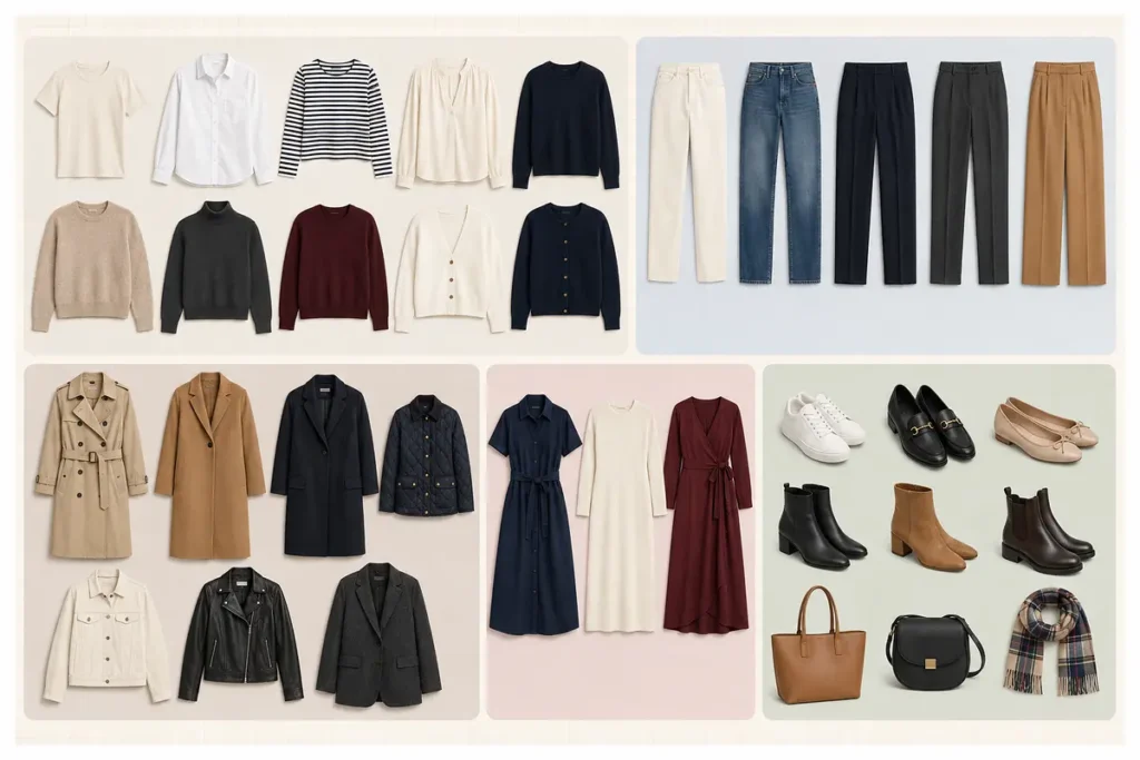 Capsule wardrobe pieces arranged by tops, trousers, layers, dresses, shoes and accessories.