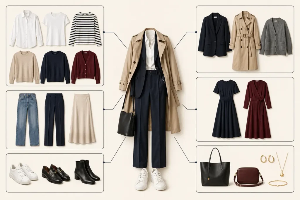 Women's capsule wardrobe essentials connected to a complete trench-coat outfit.