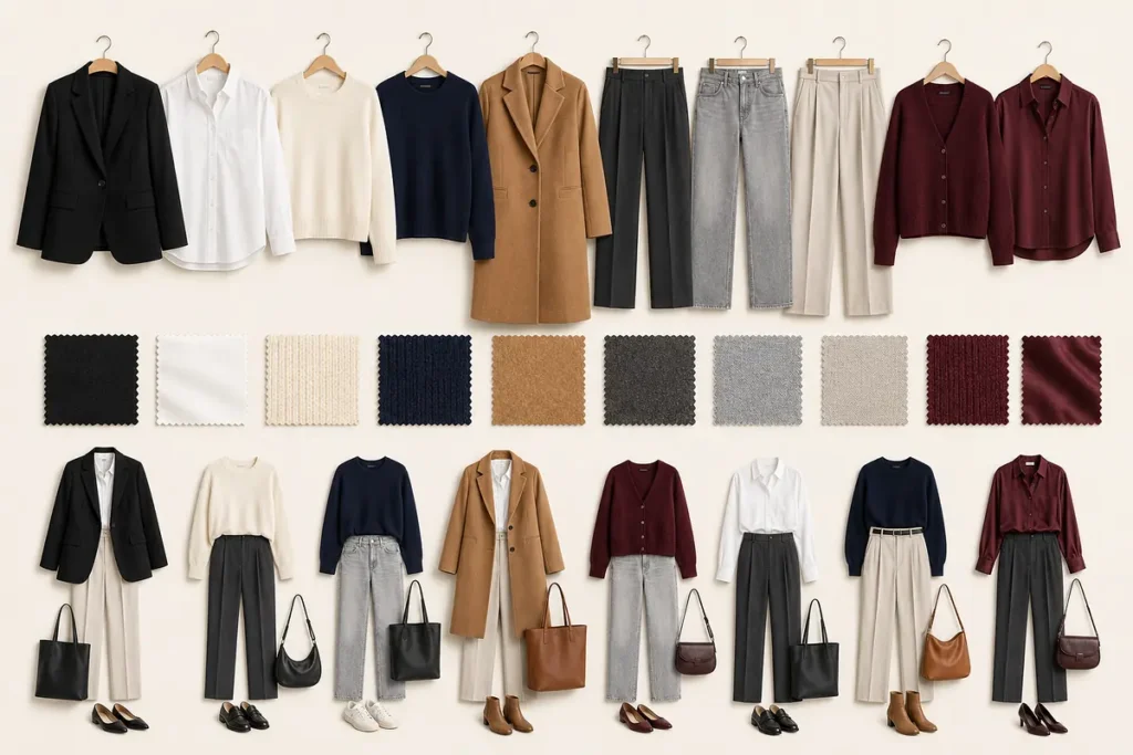 Neutral capsule wardrobe colours with burgundy accents and coordinated outfit examples.
