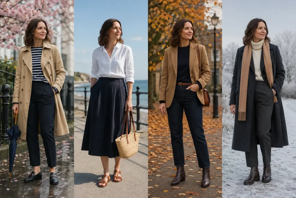 Four UK seasonal capsule outfits for spring, summer, autumn and winter.