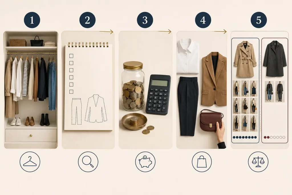 Five-step process for auditing, budgeting and prioritising a capsule wardrobe.