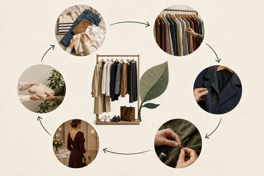 Circular sustainable wardrobe process showing secondhand shopping, repair, rental and passing clothes on.