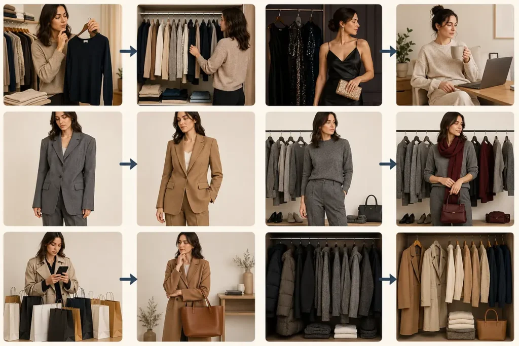 Before-and-after examples of common capsule wardrobe mistakes and better choices.