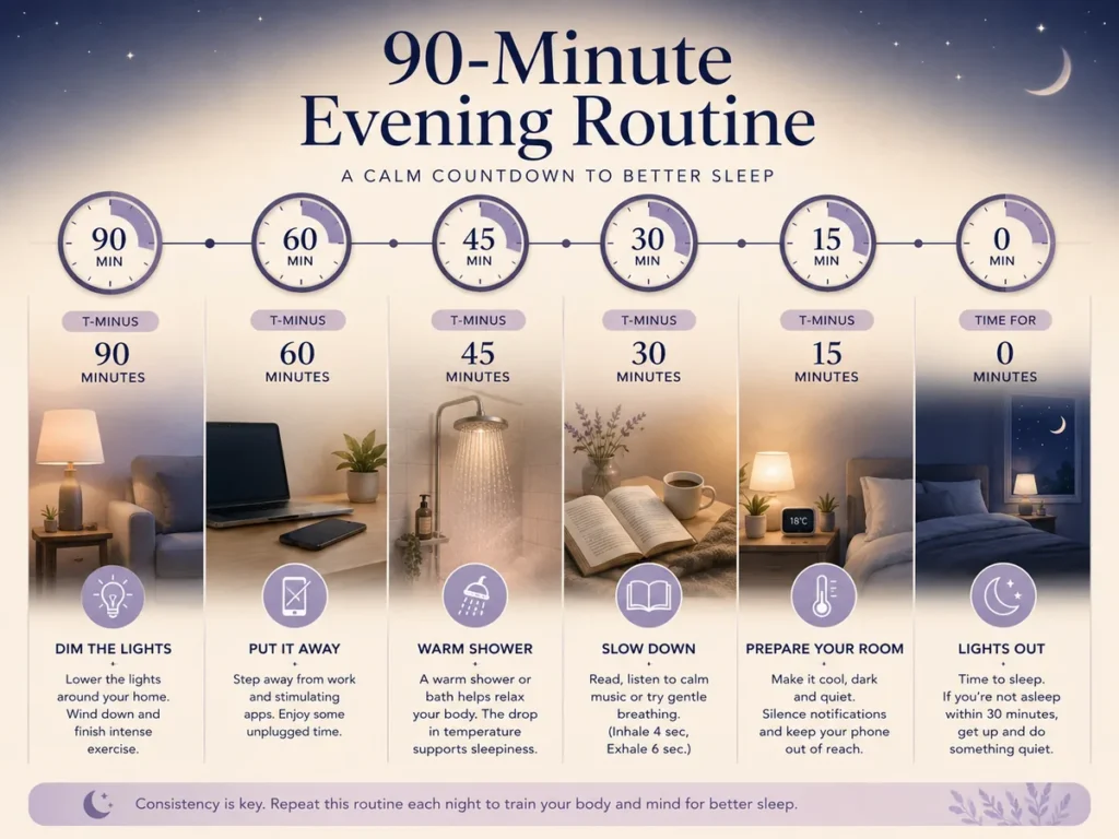 Ninety-minute bedtime routine showing dim lights, showering, reading and preparing the bedroom.