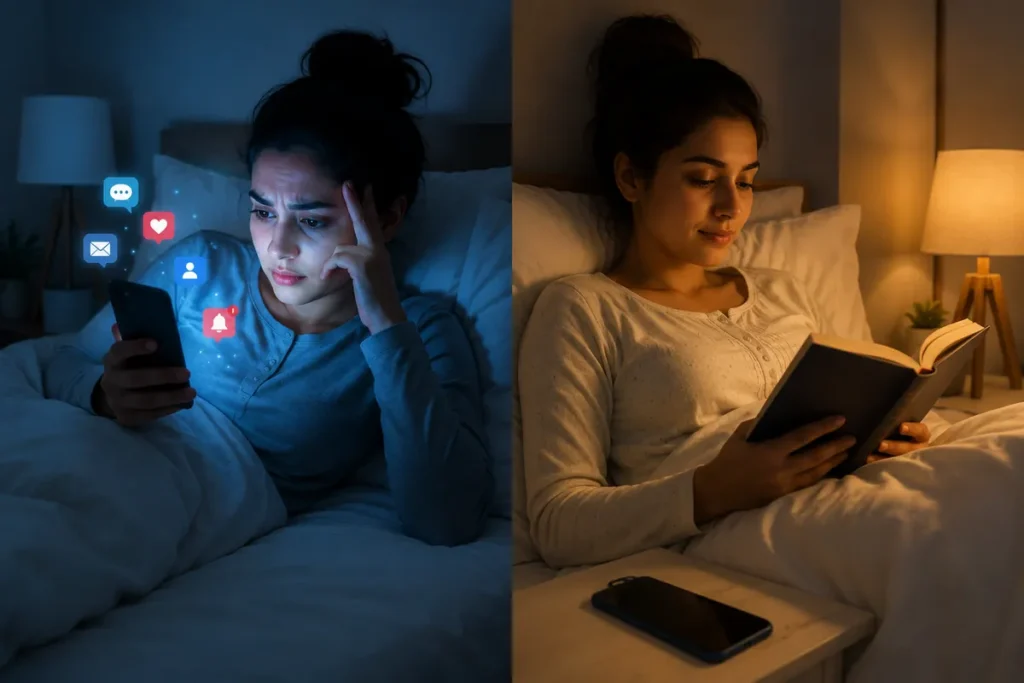 Comparison between stimulating social-media scrolling and calm book reading before bed.