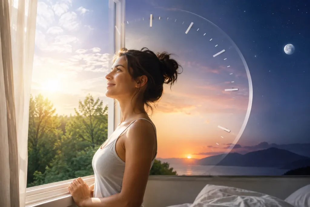 Woman receiving morning sunlight beside a 24-hour circadian rhythm illustration.