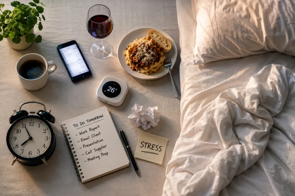 Coffee, alcohol, smartphone, warm room and irregular schedule shown as common sleep disruptors.
