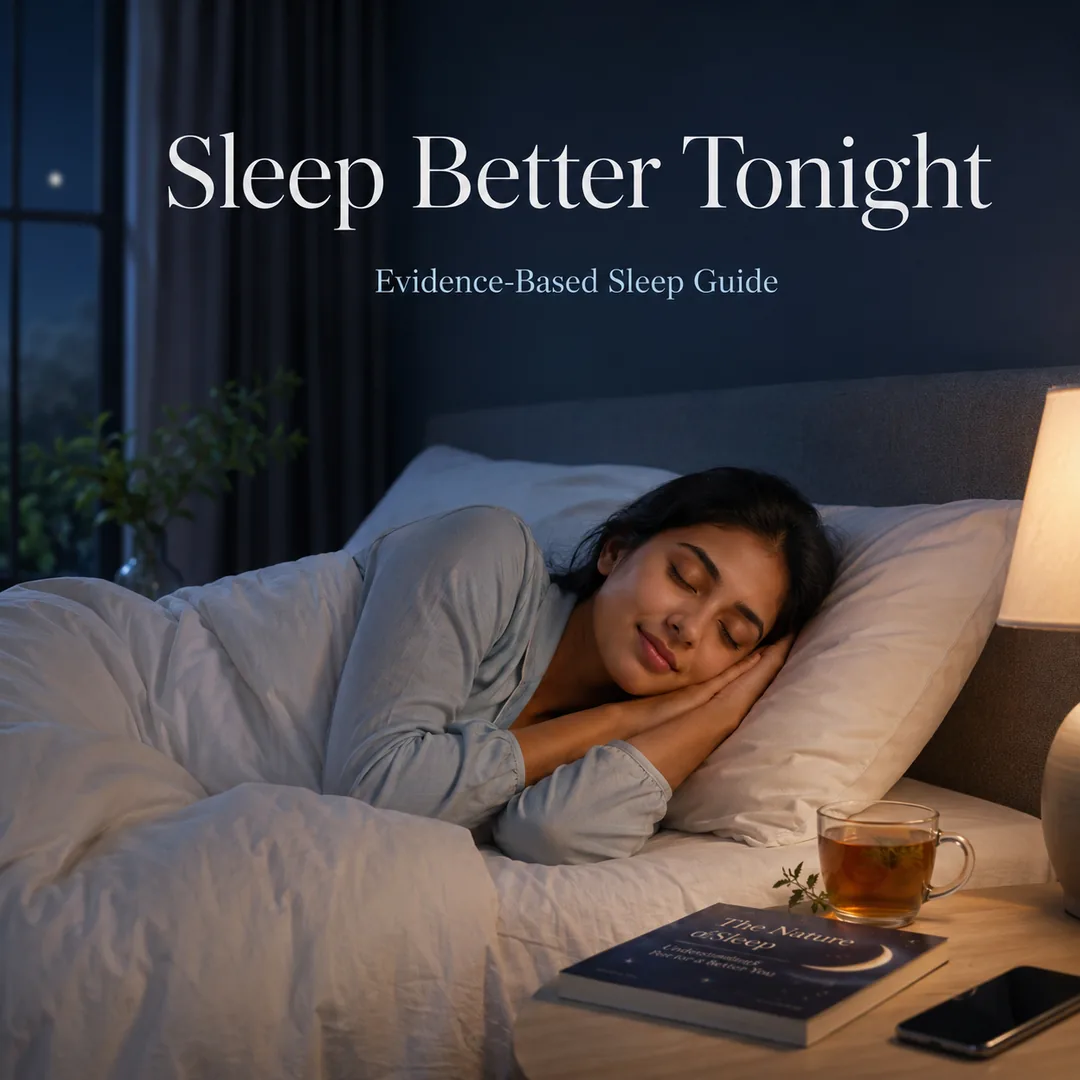 Peaceful woman resting in bed with text promoting evidence-based sleep tips.