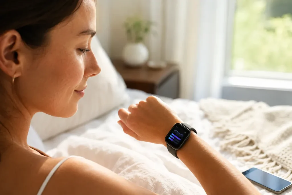 Person reviewing general sleep trends on a smartwatch without focusing on perfect scores.