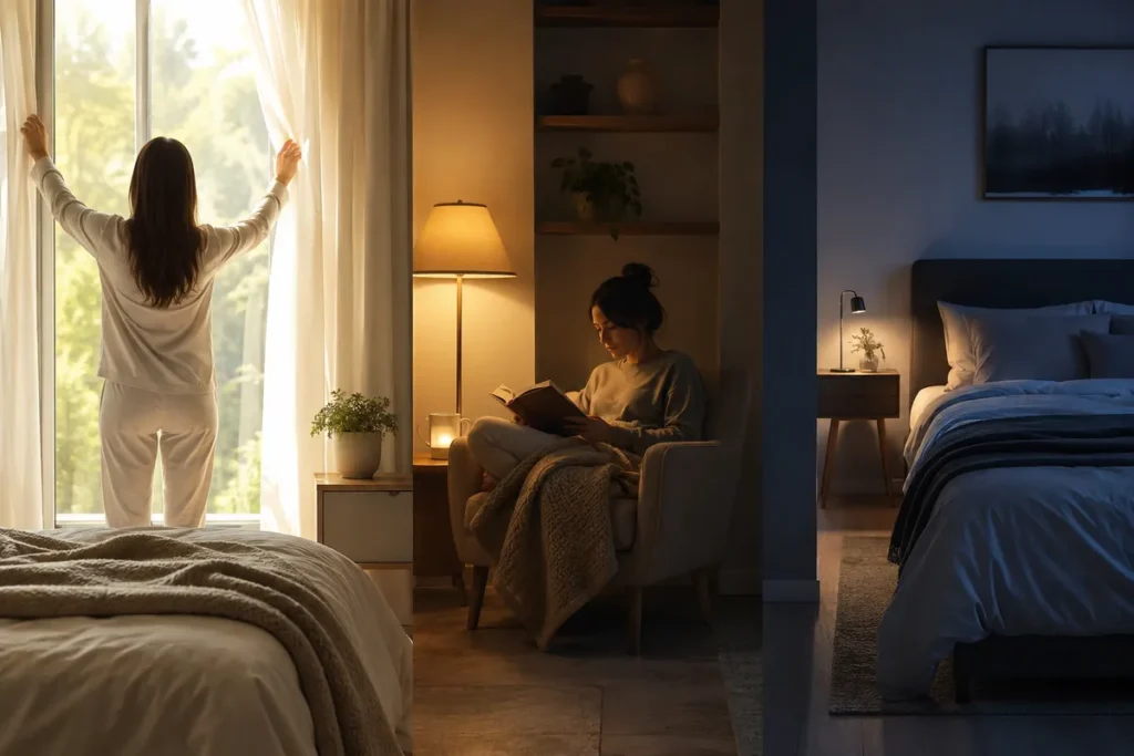 Morning light, a calming bedtime routine and a cool dark bedroom representing three ways to improve sleep quality.