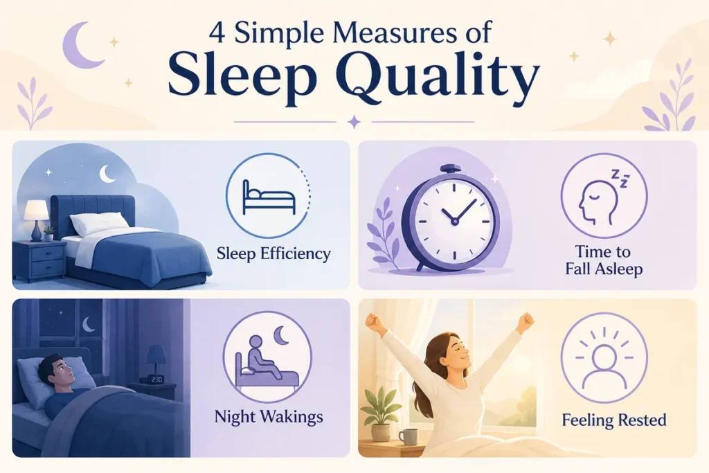 Infographic showing sleep efficiency, time to fall asleep, night wakings and waking refreshed.