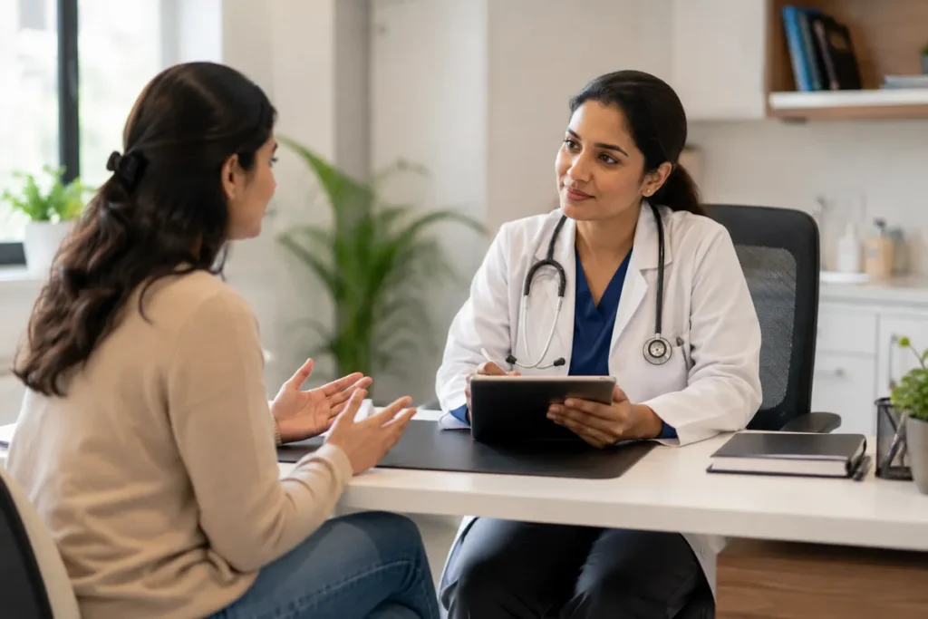 Patient discussing persistent sleep problems with a doctor in a modern clinic.