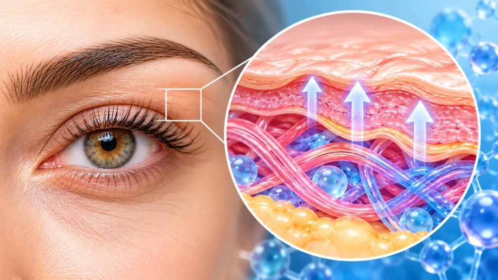 Illustration of thin eyelid skin and its underlying anatomical layers
