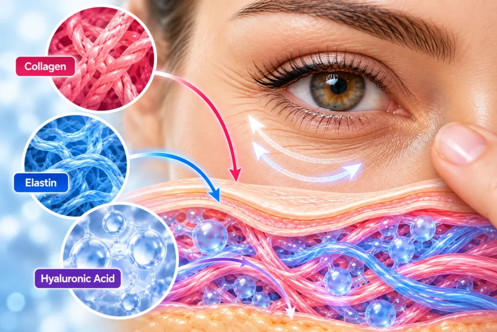 Illustration of collagen fibres, elastin fibres, and hyaluronic acid in skin