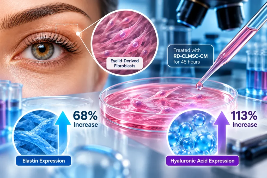 Laboratory illustration of eyelid-derived fibroblasts and reported elastin and hyaluronic acid expression findings