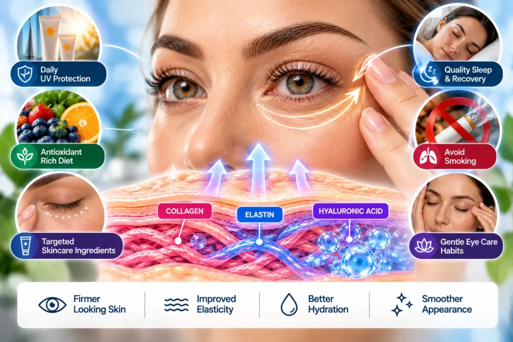 Illustration of gentle skincare, sun protection, sleep, and lifestyle habits for eyelid care