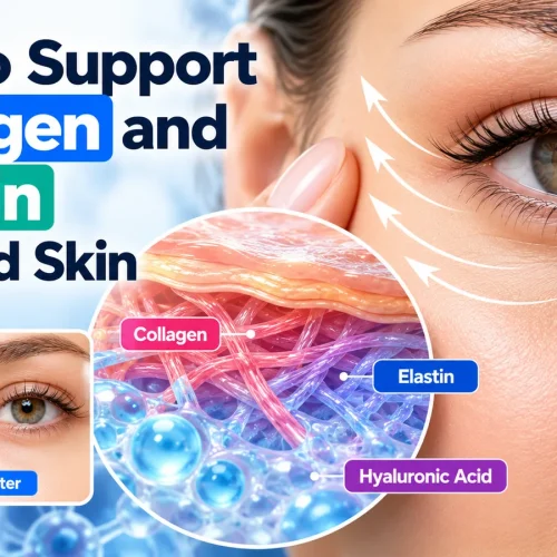 Close-up of eyelid skin illustrating collagen, elastin, and hyaluronic acid