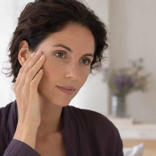 Does Stress Actually Cause Wrinkles Woman examining natural expression lines while looking in a mirror Does Stress Actually Cause Wrinkles