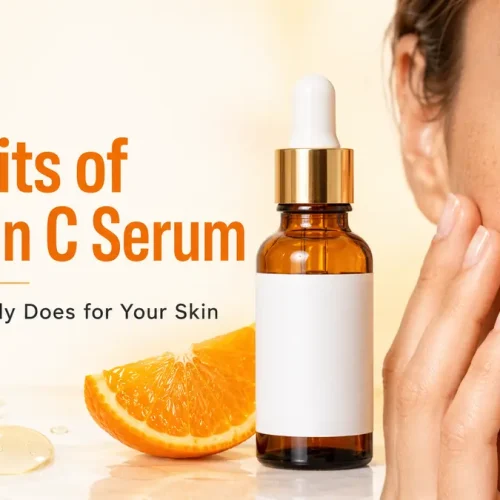 Vitamin C Serum Amber vitamin C serum bottle beside an orange and a woman with luminous skin